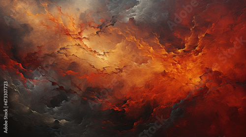 A firelike background with an orange color, in the style of photorealistic painting, atmospheric clouds, precisionist art - Generative AI