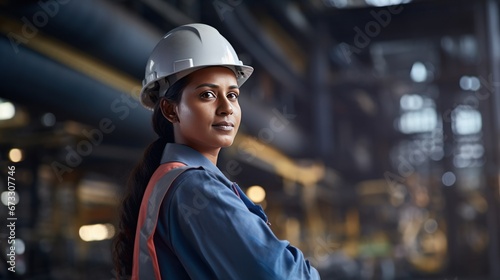 Indian woman staff worker engineer supervisor in safety suit work in factory © CStock