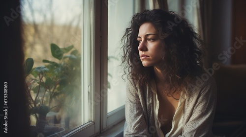 Sad pensive woman at home looking out the window alone. Stress disease and women