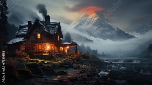 A cozy cabin with lit windows nestles in a mystical mountain landscape, smoke rising from its chimney at dusk. photo