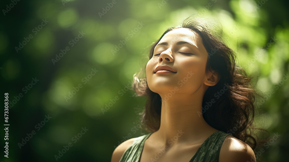 Portrait of women's life and nature, relaxed woman, eyes closed, breathing fresh air in a green forest
