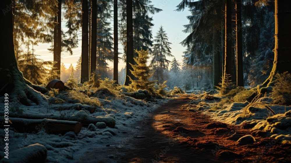 A sunlit forest path dusted with snow, surrounded by tall conifers, casting a warm glow on the frosty ground.