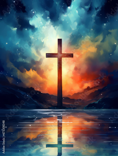watercolor illustration. the luminescent cross of Jesus Christ in the sky among the clouds at sunset over the water. Concept of Christianity, believing in God. resurrection of Christ