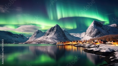 A breathtaking view of the Northern Lights (Aurora Borealis) above a snowy mountainous landscape with waterfront houses.