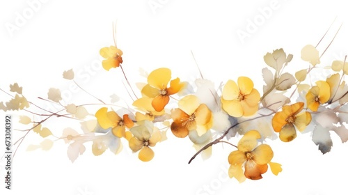 Abstract floral art background. Botanical watercolour, hand painted gentle yellow and gold flowers and leaf on white background