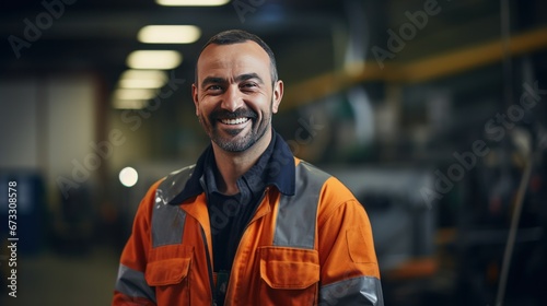 Smiling and happy employee. Industrial worker indoors in factory.