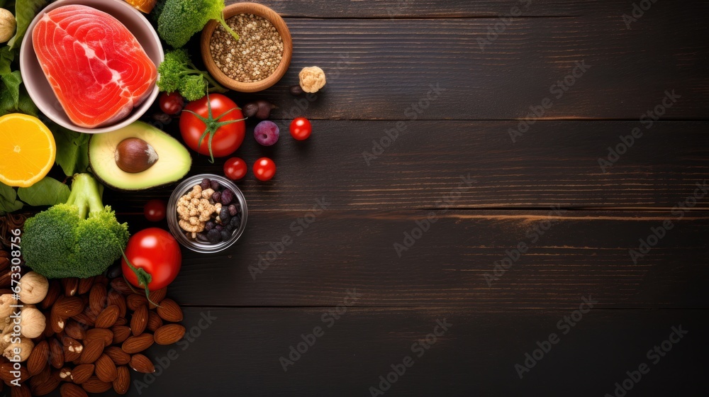 Top view Healthy food in heart and cholesterol diet concept on old black wooden table