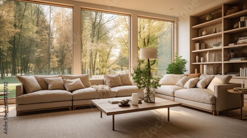 Cozy living room with comfortable furniture  large windows  a view of nature. Modern and inviting warm beige color. Banner