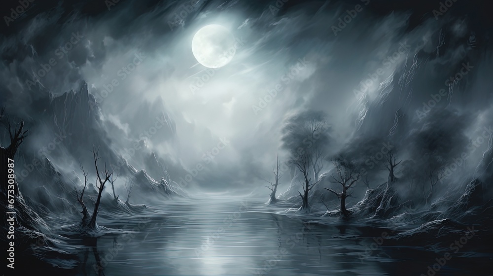 creepy scary winter nature landscape moon shine with dark misty fog drifting around background, Generative Ai - obrazy, fototapety, plakaty 