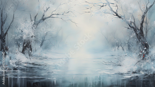 creepy scary winter nature landscape with dark misty fog drifting around background, Generative Ai © Seek and Find