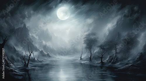 creepy scary winter nature landscape moon shine with dark misty fog drifting around background, Generative Ai