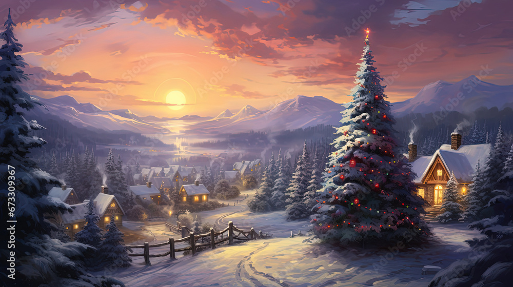 winter season scene with big Christmas time in rural countryside valley village with gradient twilight sky, painting style illustration, Generative Ai - obrazy, fototapety, plakaty 