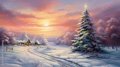winter season scene with big Christmas time in rural countryside valley village with gradient twilight sky, painting style illustration, Generative Ai © Seek and Find