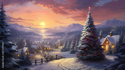 winter season scene with big Christmas time in rural countryside valley village with gradient twilight sky, painting style illustration, Generative Ai