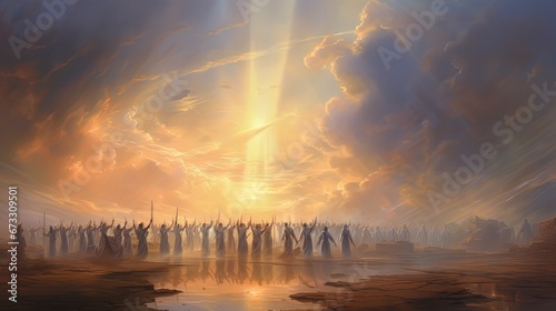 abstract artistic illustration, crowd of people pray to heaven with yellow sunlight ray shine from above over cloudy sky, Generative Ai photo