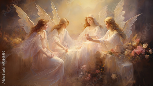 beautiful group of angels wearing white dress with white wings sitting in flower garden, artistic painting illustration, Generative Ai