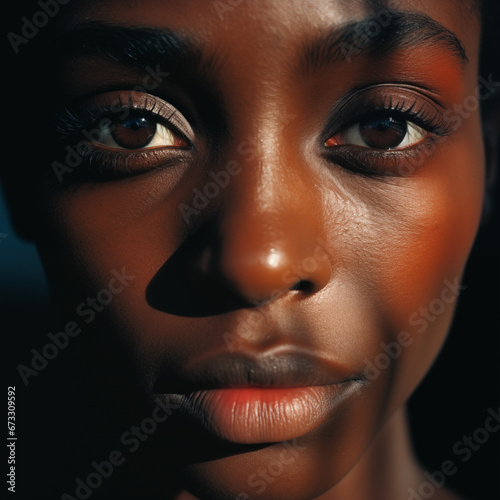 portrait in a close-up shot of a black woman. Black woman's eyes nose lips. AI generated photo