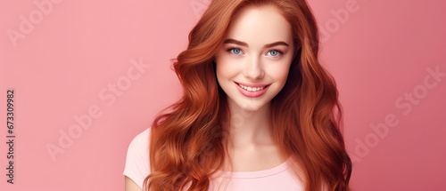 Beautiful elegant european red-haired smiling young woman with perfect skin and long red hair, on a pink background, close-up © Uwe