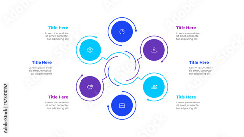 Outline cycle diagram with 6 options or steps. Slide for business presentation. Circle abstract element divided into three parts photo