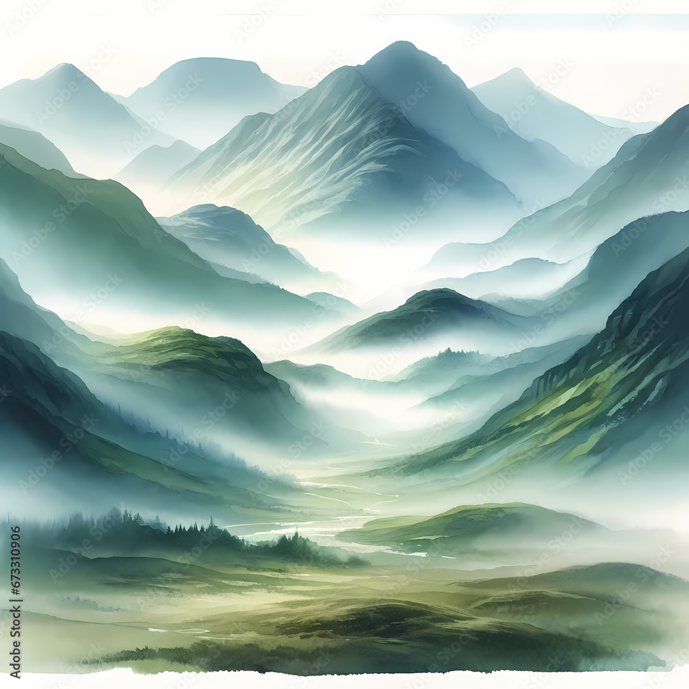 A watercolors painting that portrays a dreamy landscape. The scene begins with a light green ground, perhaps a mix of grass and moss