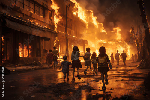 A crowd of people in a destroyed city. City on fire. Innocent civilian running away from missile attack in the city or or natural disaster