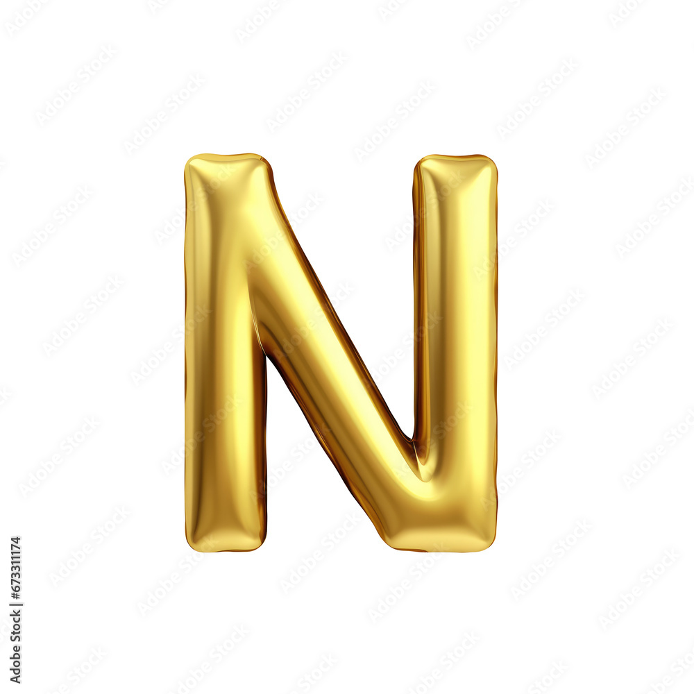 Gold metallic N alphabet balloon Realistic 3D on white background.