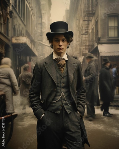 AI generated illustration of a young man in Victorian-style clothing, standing on the street