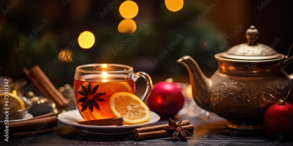 Fototapeta premium Cozy Christmas: Candlelit Tea and Spices on dark background 