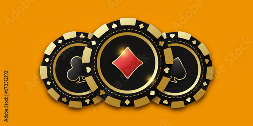 Realistic playing chip with the suit of diamond in the center, gambling tokens. Trio of playing chips or token. Concept poker or casino. Gambling coin with suit diamonds. Banner for web app or site.