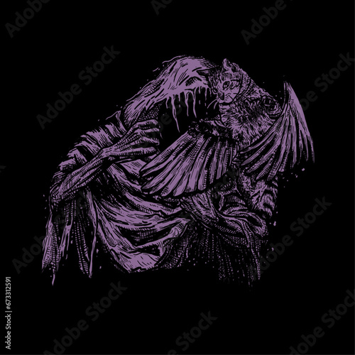 grim reaper and cat death metal illustration