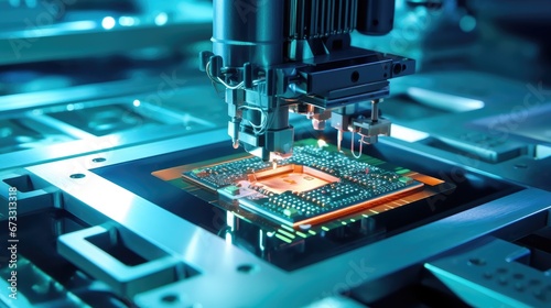 Close-up view of manufacturing advanced computer chips and semiconductor products. photo