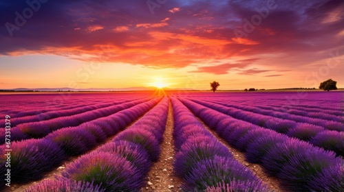 Purple lavender field with sunset in the background.