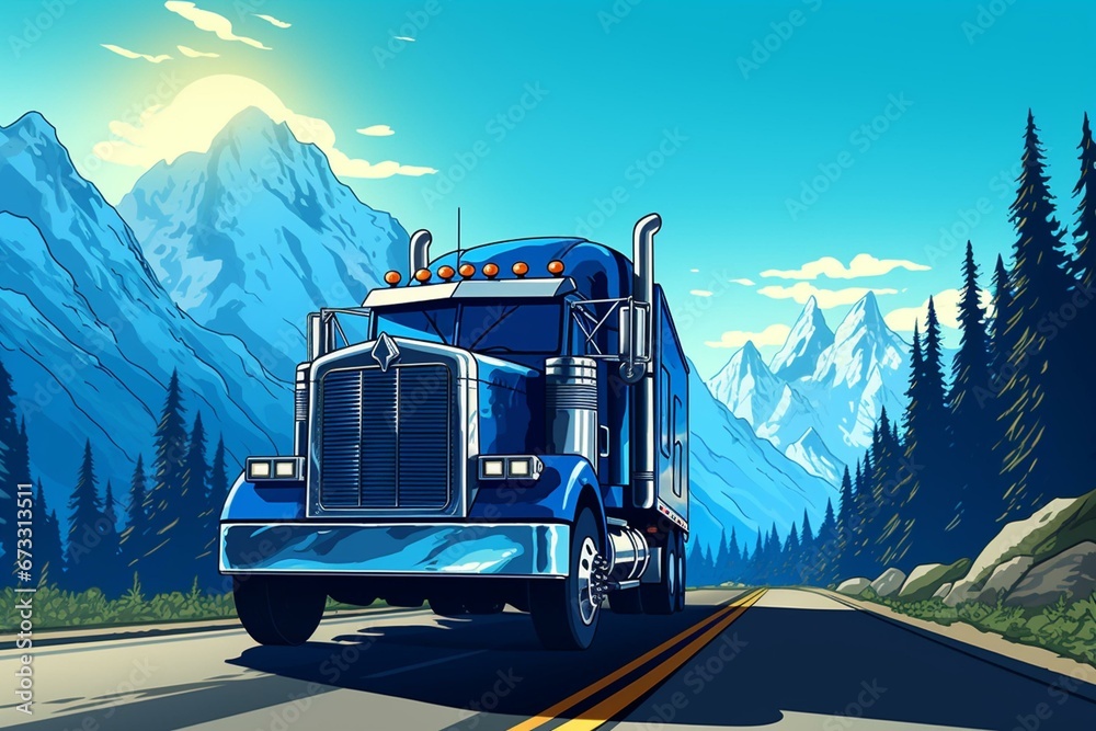 A blue truck driving on a road with mountains and a sun shining on its cab. Generative AI