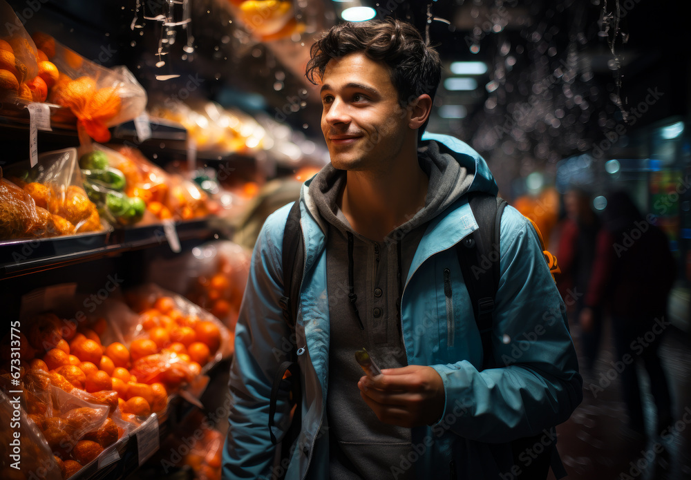 Male Customer shopping in supermarket. Young man buying in grocery shop.