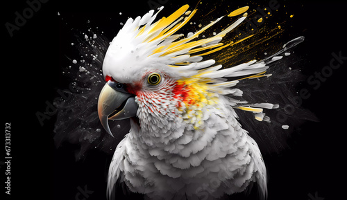 a white parrot with yellow and red feathers and a black background with a splash of paint on it's head
