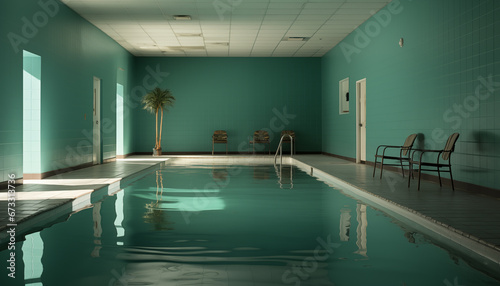 Green-toned retro hotel interior with water spilling out of the aisle
