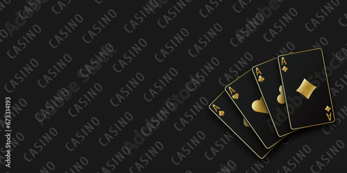 Black casino table background. A hand fan of playing cards consisting Ace of Spades, Diamonds, Clubs, Hearts. Vector illustration Casino of all the aces.