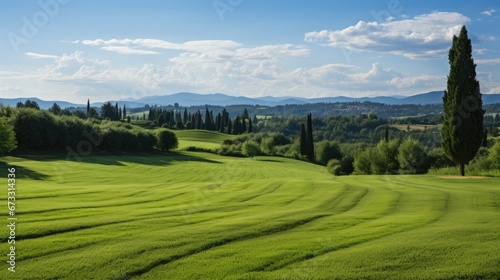 Fresh green grass lawn with blue sky.