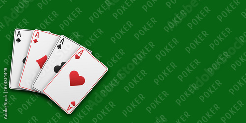 A hand fanned of playing cards consisting Ace of Spades, Diamonds, Clubs, Hearts. Vector illustration Poker of all the aces. Green Poker table background.