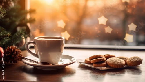 Cozy winter scene with a hot cup of coffee and pastries by a window overlooking a snowy sunset. Perfect for holiday marketing, café ambiance promotion, or seasonal blog posts.