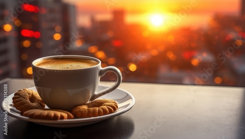 Cozy winter scene with a hot cup of coffee and pastries by a window overlooking a snowy sunset. Perfect for holiday marketing  caf   ambiance promotion  or seasonal blog posts.