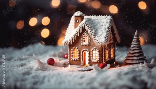 Cozy gingerbread house with glowing windows in a snowy scene  ideal for festive season decor. Perfect for Christmas advertising  greeting cards  or holiday-themed visual content.