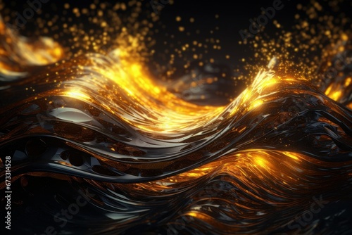 Abstract golden waves with shimmering particles on a dark background. Suitable for luxury branding, background for high-end product advertisements or elegant event invitations.
