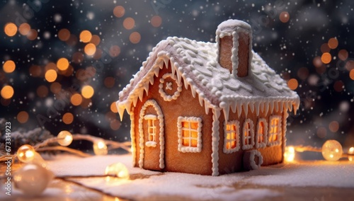 A gingerbread house with snowy icing and warm lights amidst falling snowflakes. Ideal for holiday season advertising, greeting cards, and culinary content.