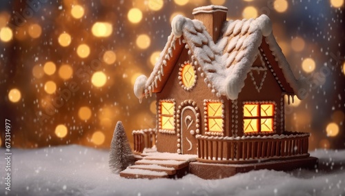 A gingerbread house with snowy icing and warm lights amidst falling snowflakes. Ideal for holiday season advertising, greeting cards, and culinary content.