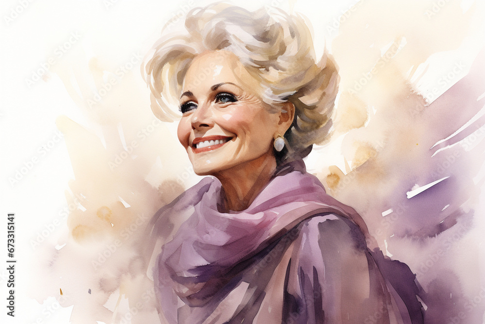 watercolor portrait of a modern smiling elderly lady, demonstrating the beauty and charm of old age, the concept of women's day, mother's day and grandmother's day