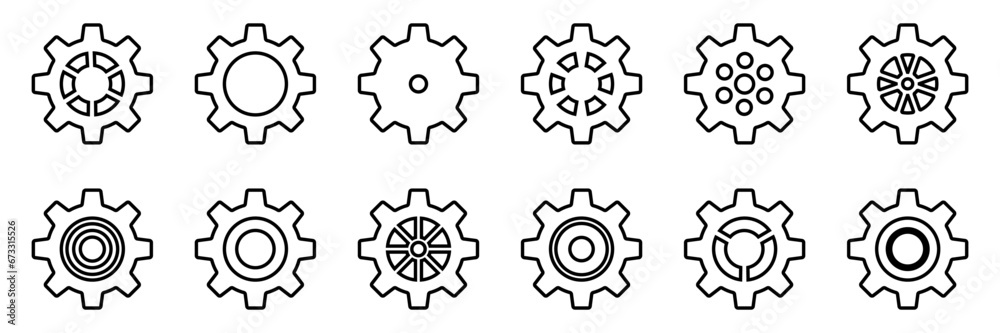 Gears icon set. Setting gears icon. Collection of mechanical outline cogwheels. Simple Gear wheel collection. Gear icons silhouette. Vector illustration with cogwheels sign set on white background.