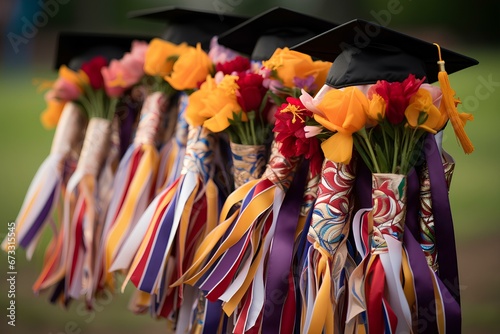 Congratulations, ribbons and bouquets and gift giving on graduation day. generative AI