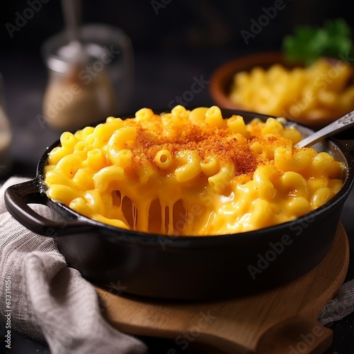 Mac and cheese. Classic American rustic mac and cheese. Golden baked macaroni with cheddar, Generative AI