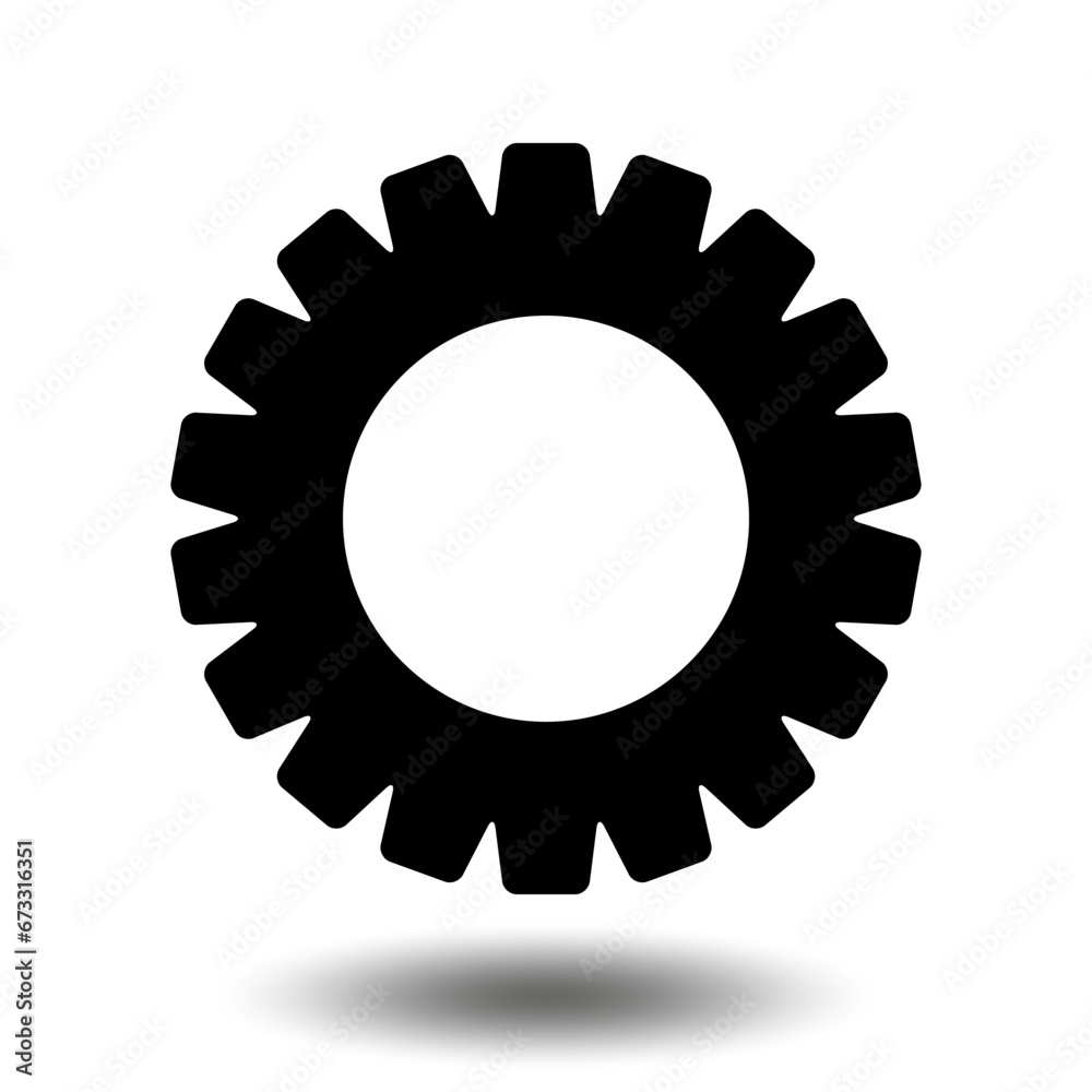 Black gear icon. Machine sprocket gear icon. Flat design. Vector cogwheel sign symbol on a white background. Black gear icon. Machine sprocket gear icon. Flat design. Vector cogwheel sign symbol on a white background.